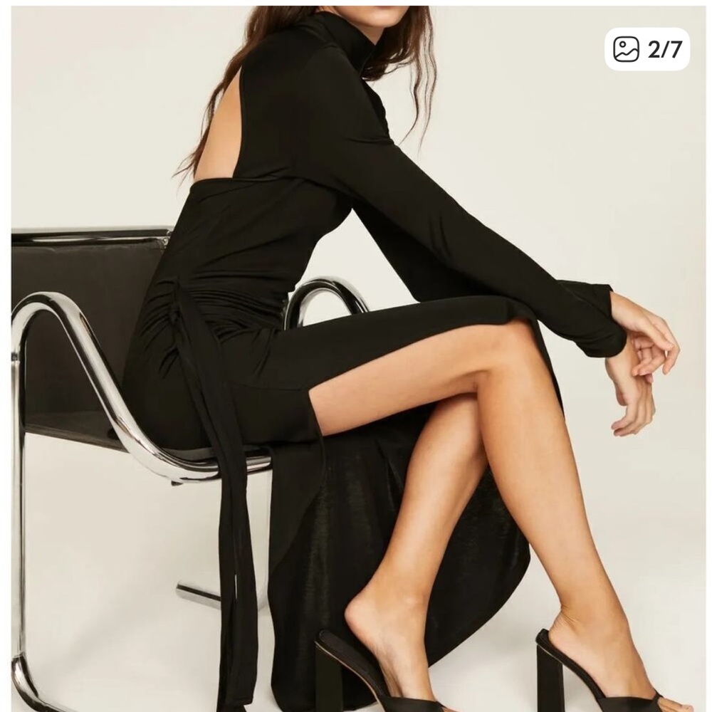 Something Navy Open Back Dress Long Sleeve Side Slit Evening Maxi Black Small